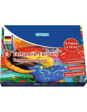Χρώματα τέμπερα - Temperafarben, 6x 19ml: weiß, Gelb, rot, blau, grün, Schwarz