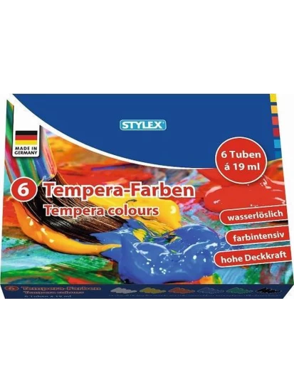 Χρώματα τέμπερα - Temperafarben, 6x 19ml: weiß, Gelb, rot, blau, grün, Schwarz