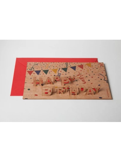 Happy Birthday - Holzgrußkarte mit PopUp-Motiv- Ξύλινη ευχετήρια κάρτα γενεθλίων με Pop up μοτίβο, 13 Χ 9