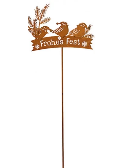 Stecker Wintervogel Dekor, Frohes Fest, rostig, 21 x 71 cm