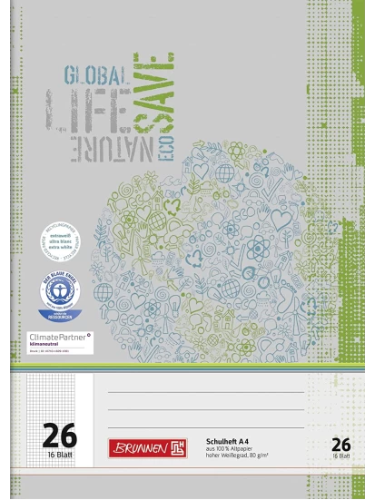 BRUNNEN Schulheft Recycling A4 kariert, mit Rand, Lin. 26 grau-grün - Τετράδιο καρέ με περιθώριο