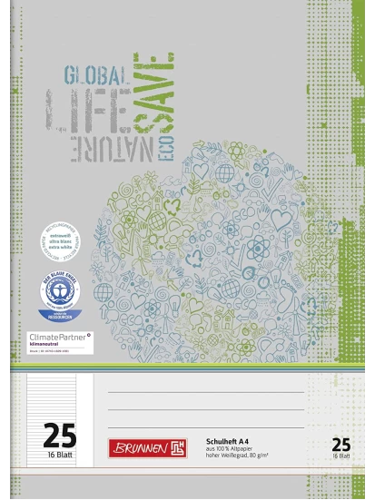 BRUNNEN Schulheft Recycling A4 liniert, mit Rand, Lin. 25 grau-grün - Τετράδιο Eco με γραμμές