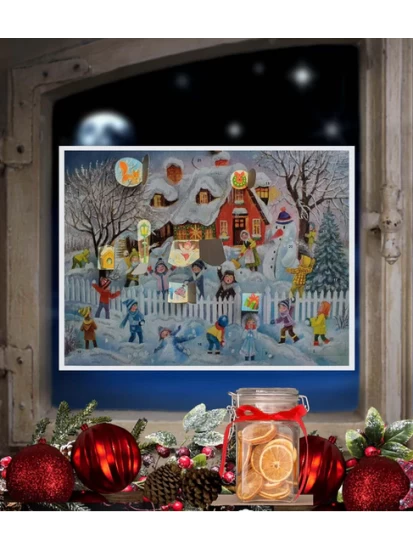 Adventskalender Schneebalschlacht vor dem Haus