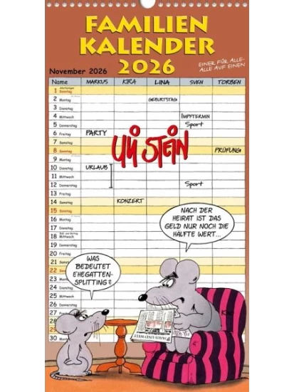 Uli Stein Familienkalender 2026: Familienplaner mit 5 Spalten
