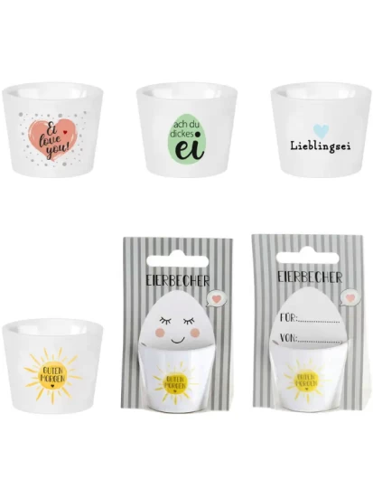 Eierbecher auf Karte zum Hängen und Beschriften aus Porzellan