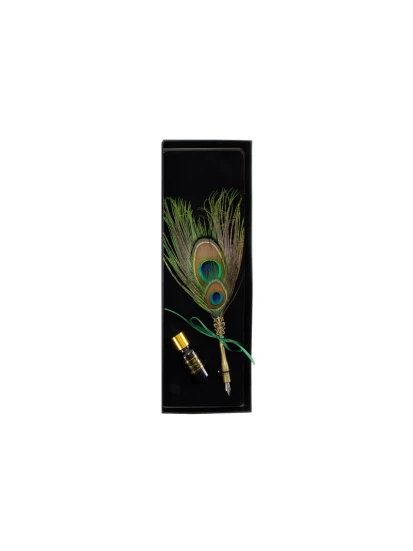 Σετ καλλιγραφίας με φτερό Peacock ink set, Black box with peacock feathers and ink